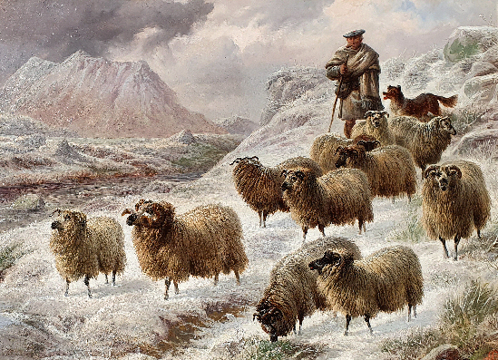 Herding Sheep on a Snow Covered Hillside