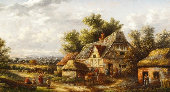 Edwin Masters - Cart Horses and Figures Outside Country Cottages