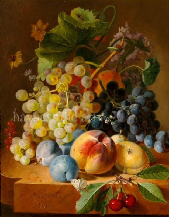 Henry Nardeux - Still Life of Fruit, Flowers and Insects on a Marble Ledge