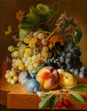 Still Life of Fruit, Flowers and Insects on a Marble Ledge