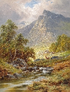 Deer Grazing by a Highland Stream
