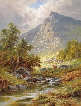 Deer Grazing by a Highland Stream