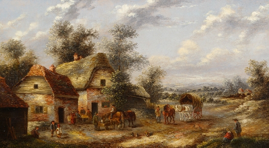 Edwin Masters - Cart Horse and Figures Outside Country Cottages