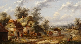 Cart Horse and Figures Outside Country Cottages