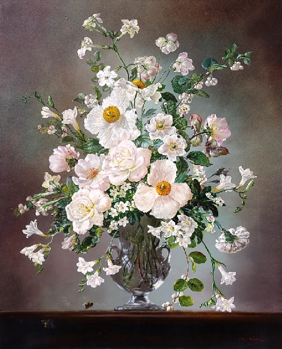 Cecil Kennedy - Bees with White Anemonies, Roses and Freesias in a Glass Vase
