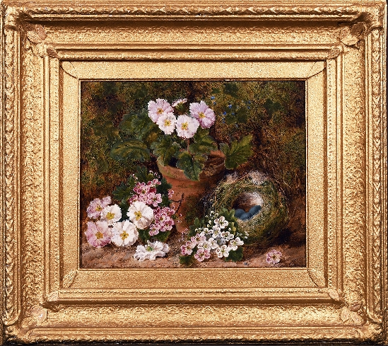 Still Life of Birds Nest and Flowers on a Mossy Bank