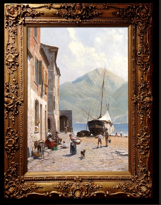 Jacques Francois Carabain - Fisherfolk on a busy quay, Vernazza, Liguria